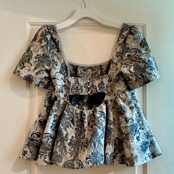 Free People Blue and Gray Floral Jacquard Top - Picture 4 of 7